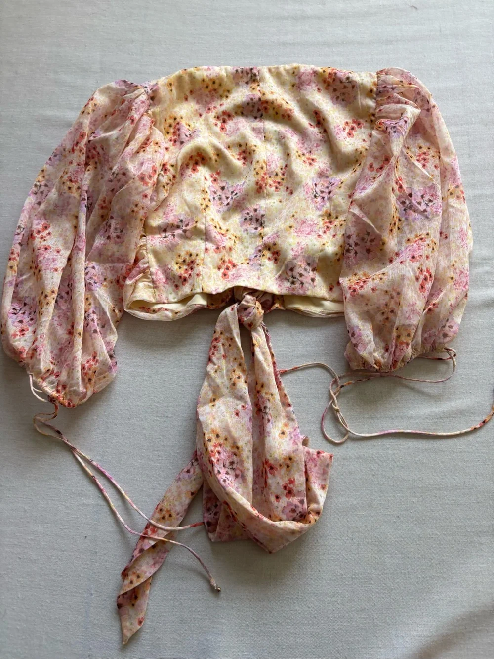 Keepsake Front Tie Floral Puff Sleeve Cropped Blouse Pink Beige XXS